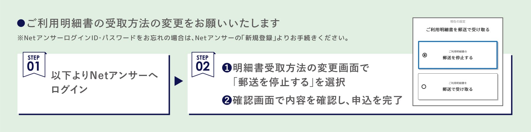 ご利用明細書受取方法の変更をお願いいたします。Netアンサーへログイン後、明細書受取方法の変更画面で「郵送を停止する」を選択。確認画面で内容を確認し、申込。