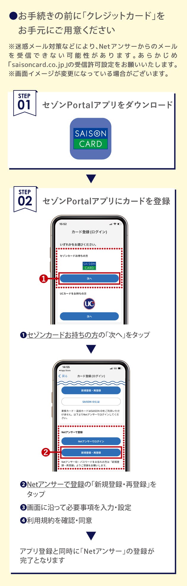 お手続きの前にクレジットカードをお手元にご用意ください。セゾンPortalアプリをダウンロードし、アプリにカードを登録。