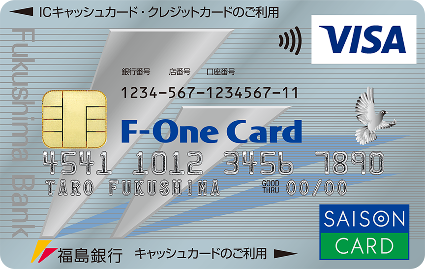 「F-OneCardセゾン」のカードデザイン。くすんだ水色の背景に、ライトグレーの横線が太さ違いで複数入っているボーダー柄。カード中央に青色のF-OneCardのロゴが記載されている。