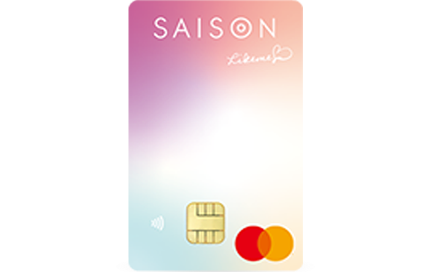 「Likeme by saison card」のカードデザイン。縦型で白地に、左上から時計回りに紫、ピンク、イエロー、水色の丸いグラデーション模様が入っている。カード上部に白色のSAISONのロゴ、その下にLikemeのロゴが記載されている。クレジットカード番号や有効期限の記載はない。