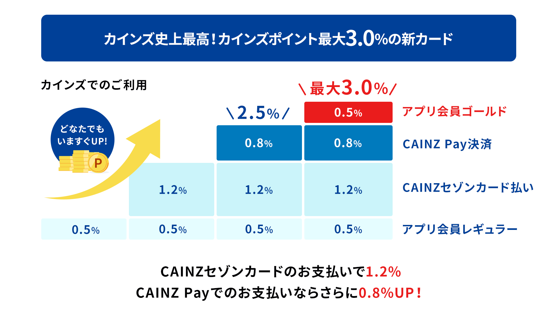 カインズでのご利用 アプリ会員レギュラー 0.5%、アプリ会員レギュラー CAINZセゾンカード払い 0.5% 1.2%、アプリ会員レギュラー CAINZセゾンカード払い　CAINZ Pay決済 0.5% 1.2% 0.8% 2.5%、アプリ会員レギュラー CAINZセゾンカード払い　CAINZ Pay決済 0.5% 1.2% 0.8% 0.5 最大3.0%、どなたでも今すぐUP! CAINZセゾンカードのお支払いで1.2%、CAINZ Payでのお支払いならさらに0.8%UP！