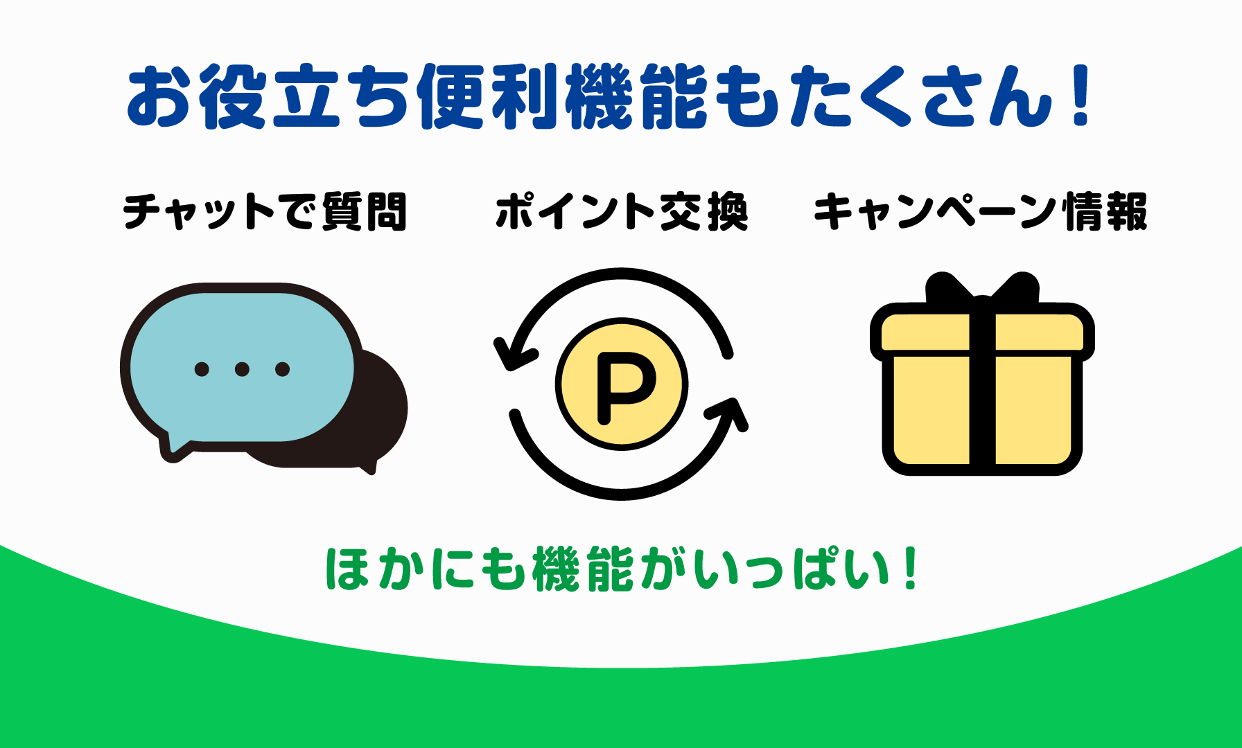 お役立ち便利機能もたくさん！チャットで質問、ポイント交換、キャンペーン情報。ほかにも機能がいっぱい！