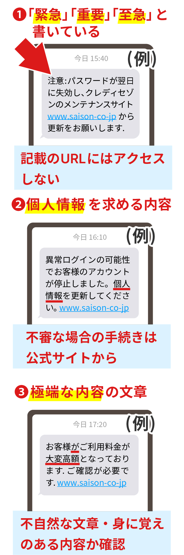 ①緊急、重要、至急と書いている②個人情報を求める内容③極端な内容の文章