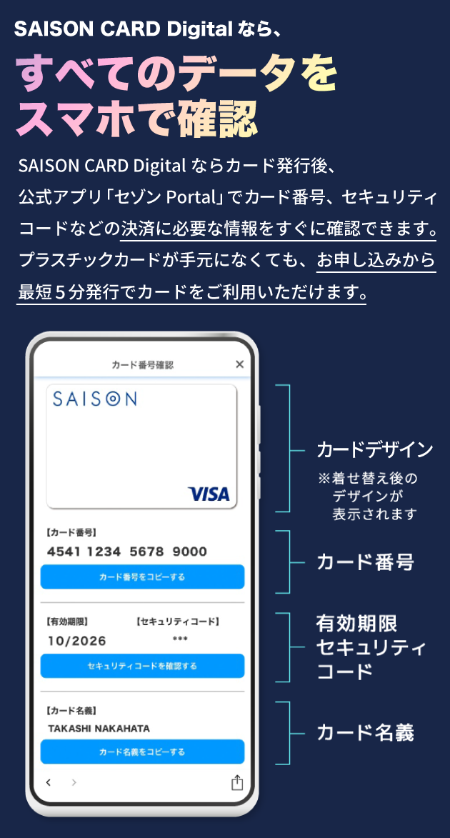 【SAISON CARD Digitalなら、すべてのデータをスマホで確認】SAISON CARD Digitalならカード発行後、公式アプリ「セゾン Portal」にて決済に必要なカード情報（カードデザイン、カード番号、有効期限、セキュリティコード、カード名義など）をすぐに確認できます。プラスチックカードが手元になくても、お申し込みから最短5分発行でカードをご利用いただけます。