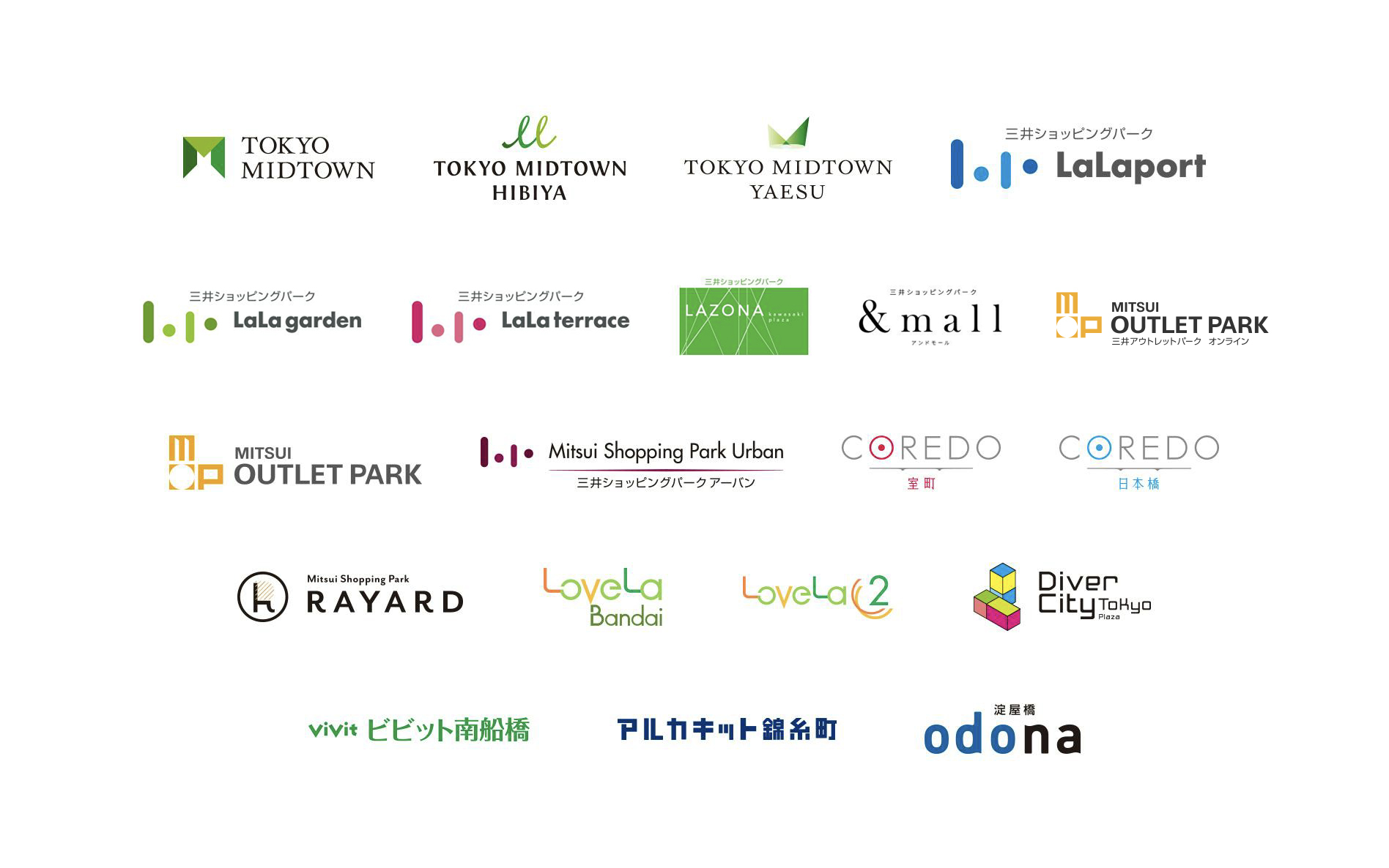 TOKYO MIDTOWN、TOKYO MIDTOWN HIBIYA、TOKYO MIDTOWN YAESU、三井ショッピングパークLalaport、三井ショッピングパークLala garden、三井ショッピングパークLala terrace MUSASHIKOSUGI、三井ショッピングパークLAZONA、Mitsui Shopping Park &mall、MITSUI OUTLET PARK、Diver City Tokyo Plaza、アルカキット錦糸町、LoveLa Bandai、LoveLa2、Mitsui Shopping Park Urban 三井ショッピングパークアーバン、Mitsui Shopping Park RAYARD、淀屋橋odona